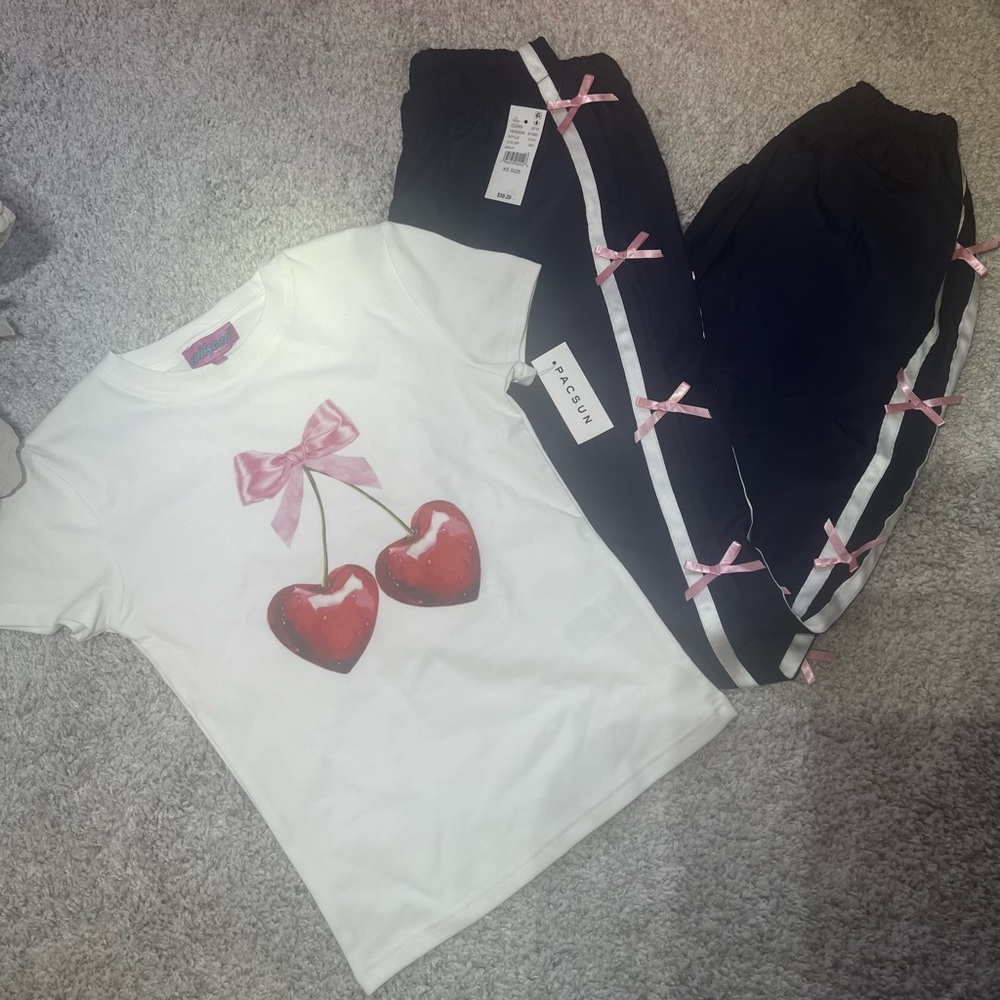 Edikted White and navy blue Cherry Heart with bows Jogger Set